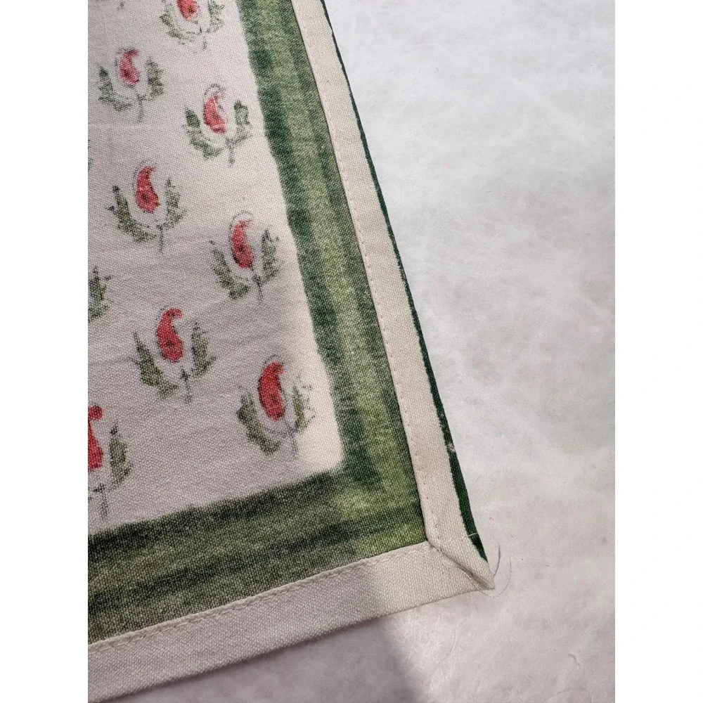 Vintage Set of 6 Hand Block Print Placemats Green Red Paisley Cotton 18x12